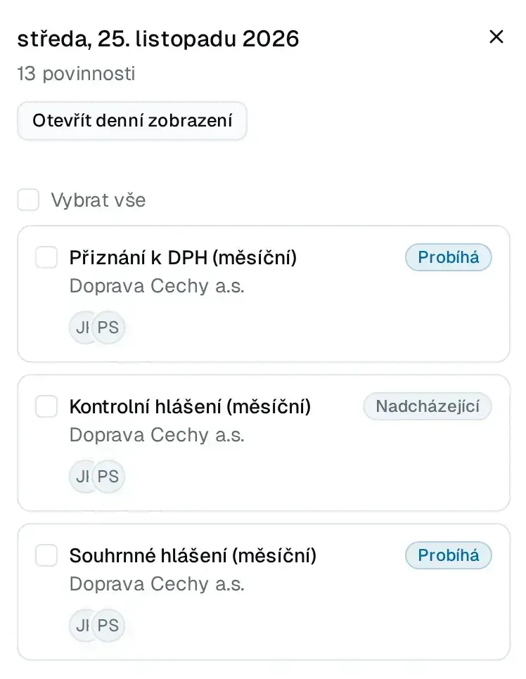 Detail dne 25. listopadu 2026: 13 povinností, každá s klientem, přiřazenými účetními a stavem Probíhá nebo Nadcházející.