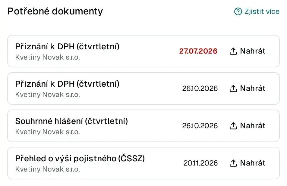 Klientský portál: seznam Potřebné dokumenty s termínem a tlačítkem Nahrát u každé povinnosti.