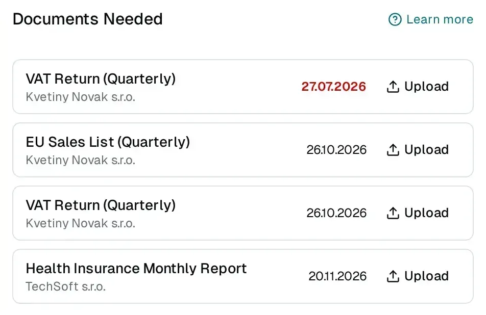 Client portal: the Documents needed list with a deadline and an Upload button for each obligation.